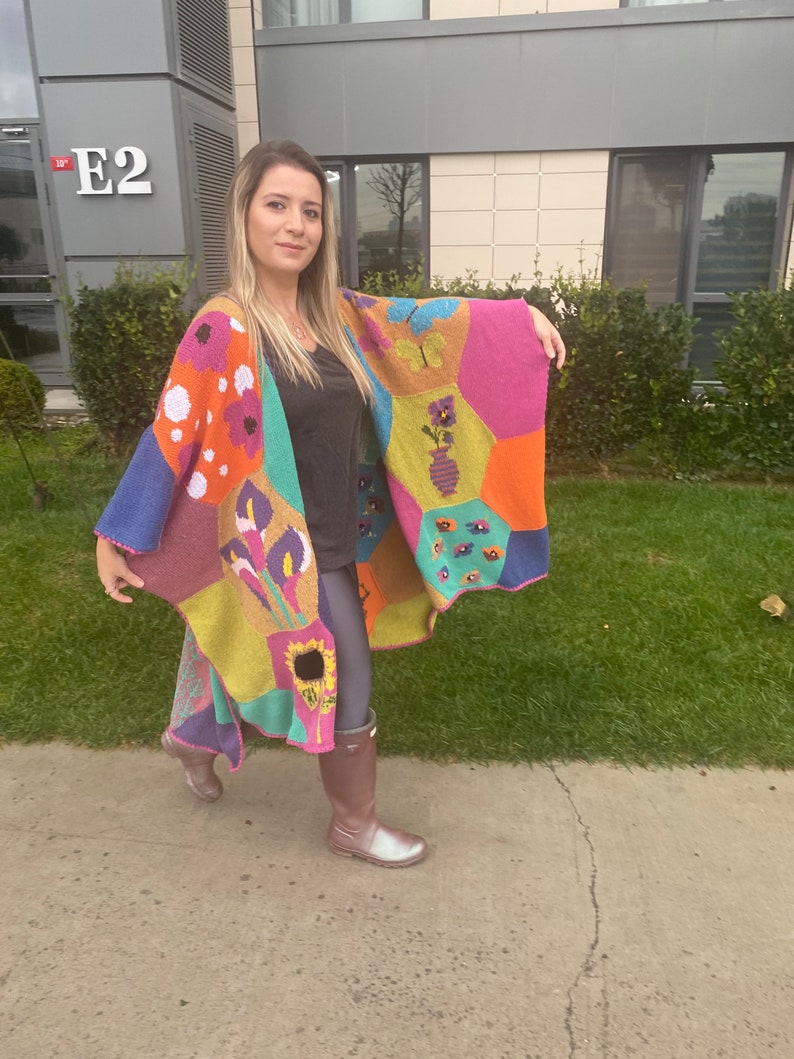 Patchwork Knit Women Poncho, Wool Winter Granny Square Poncho, Crochet Boho Colorful Poncho Shawl Wrap, Christmas Gift, Soft Poncho image 6