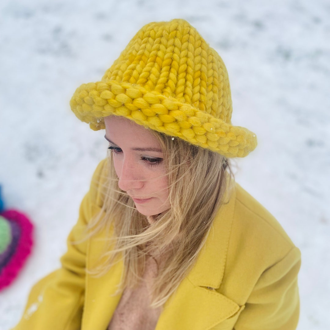 Super Chunky Knit Bucket Hat, Oversized Yellow Winter Beanie, Merino
