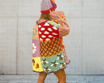 Handknit Velvet Patchwork Sweater Dress: Chunky Crochet Tunic