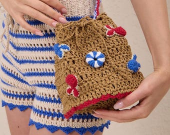 Raffia Mini Bucket Bag | Crochet Cotton Appliqué Crossbody Bag