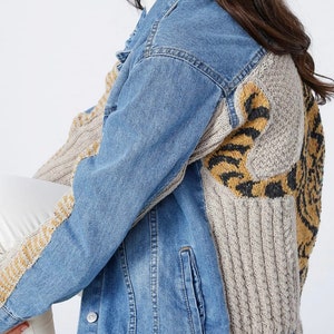 Knitted Tiger Denim Jacket, Patchwork Custom Personalized Wool Jacket, Embroidered Designer Jean Jacket, Plus Size Jacket, Christmas Gifts image 3