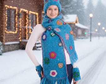 Blue Crochet Scarf, Hat & Mittens - Soft Alpaca Winter Set