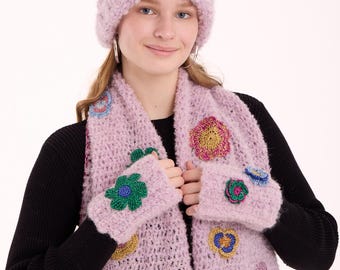 Handmade Lilac Alpaca Crochet Winter Set: Flower Scarf Hat and Mittens