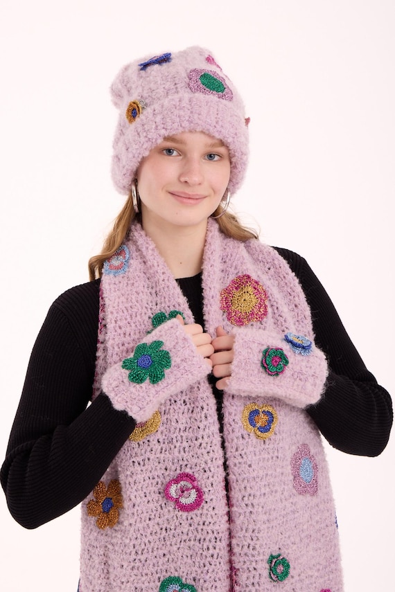 Handmade Lilac Alpaca Crochet Winter Set: Flower Scarf Hat 