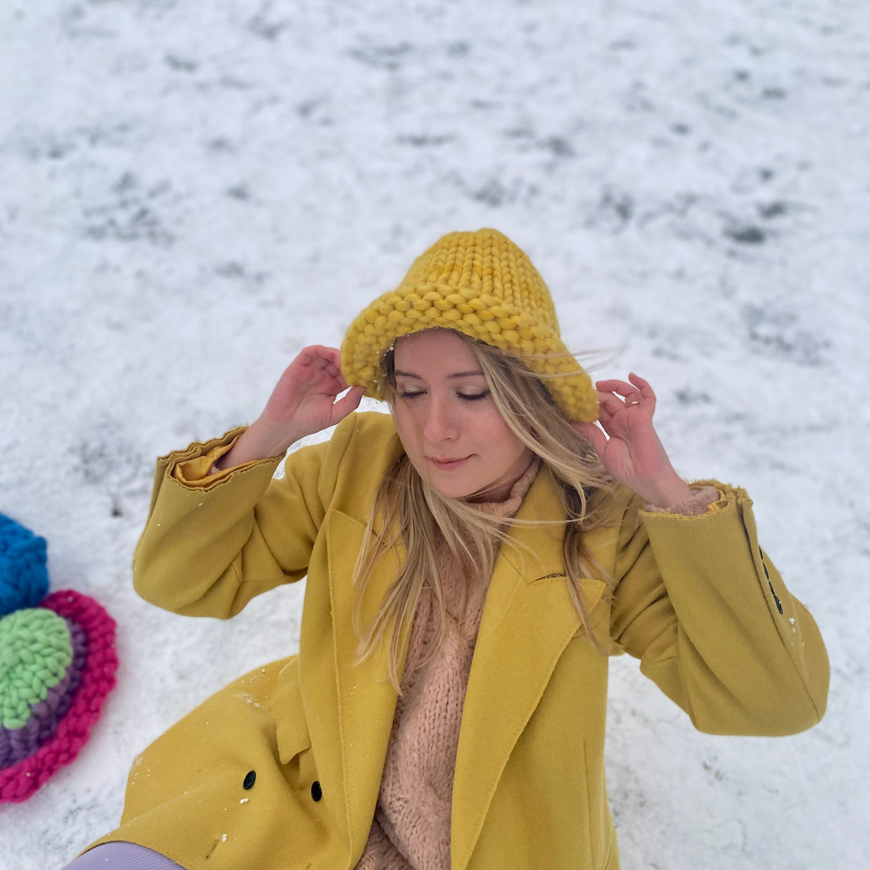 Super Chunky Knit Bucket Hat Oversized Yellow Winter Beanie Etsy