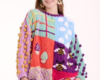 Handmade Velvet Patchwork Crochet Sweater: Knit Colorful Tunic