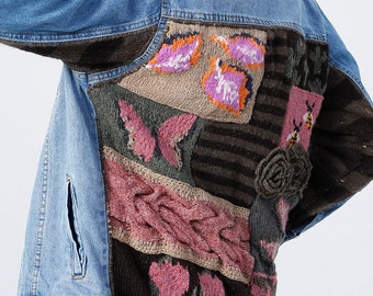 Knitted Patchwork Jean Jacket with Flowers, Personalized Embroidered Blue Denim Jacket, Wool Coat, Floral Striped Sweater, Christmas Gifts