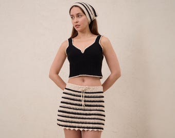 Black Beige Crochet Crop Top Skirt Set with Hair Scarf