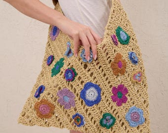 Bolso de mano de rafia con estampado floral, bolso de playa extragrande hecho a mano.