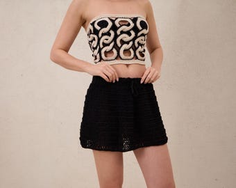 Handmade Crochet Cotton Mini Skirt, Black Summer Beach Boho Style Skirt