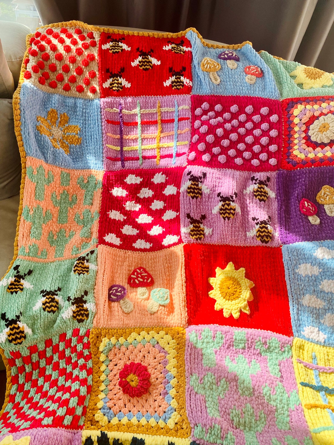 Chunky Knit Velvet Patchwork Throw Blanket Granny Square Etsy