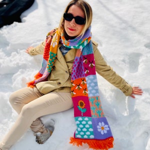 Handknit Colorful Patchwork Scarf, Harry Styles Granny Square Oversized Wool Scarf, Crochet Long Blanket Scarf, Colorblock Infinity Scarf image 5