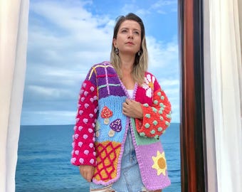 Handknit Patchwork Velvet Cardigan: Crochet Granny Square Jacket