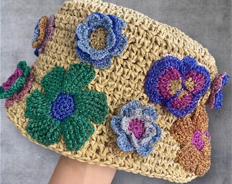Handmade Raffia Crochet Bucket Hat: Boho Floral Summer Hat