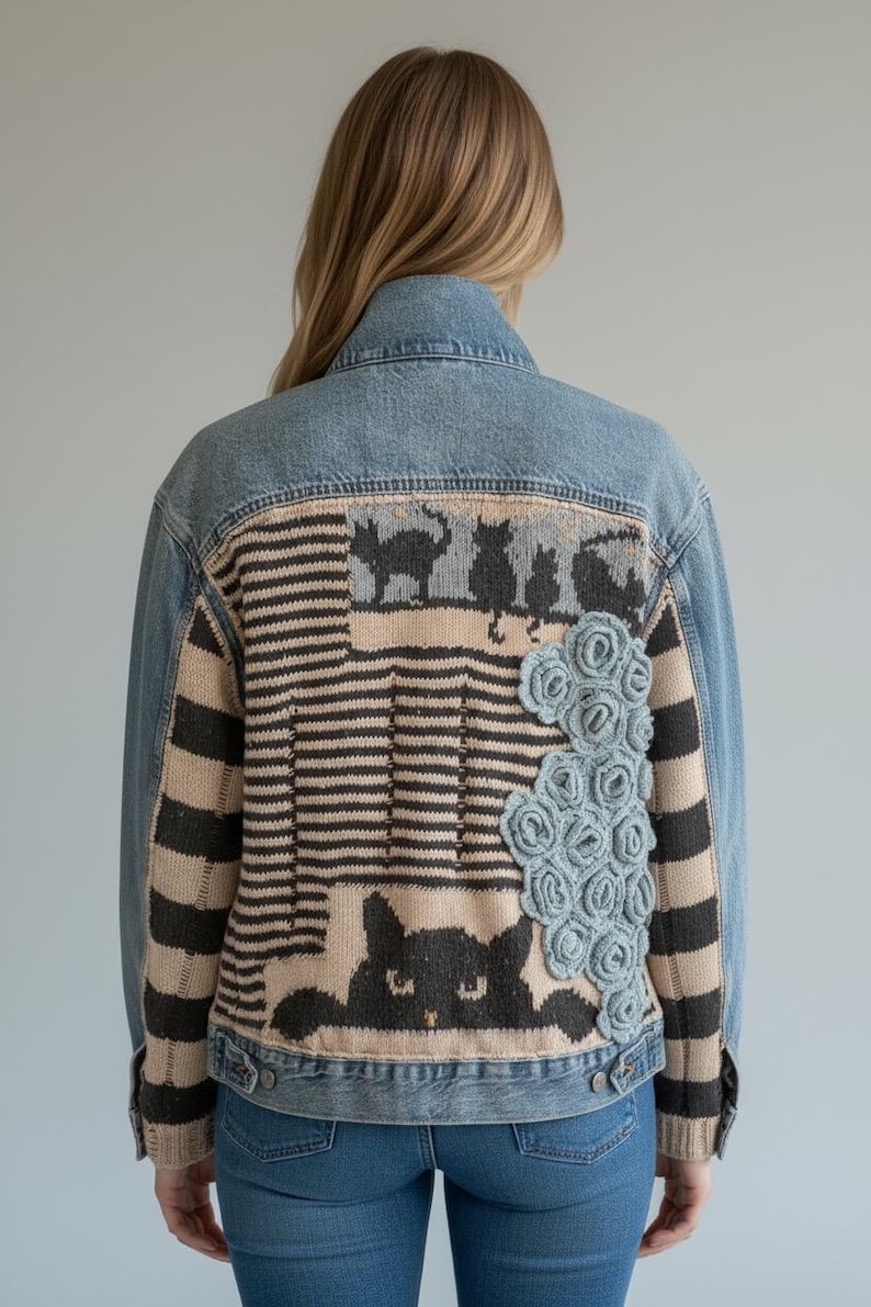 Handmade Knit Denim Jacket With Cat Design - Etsy