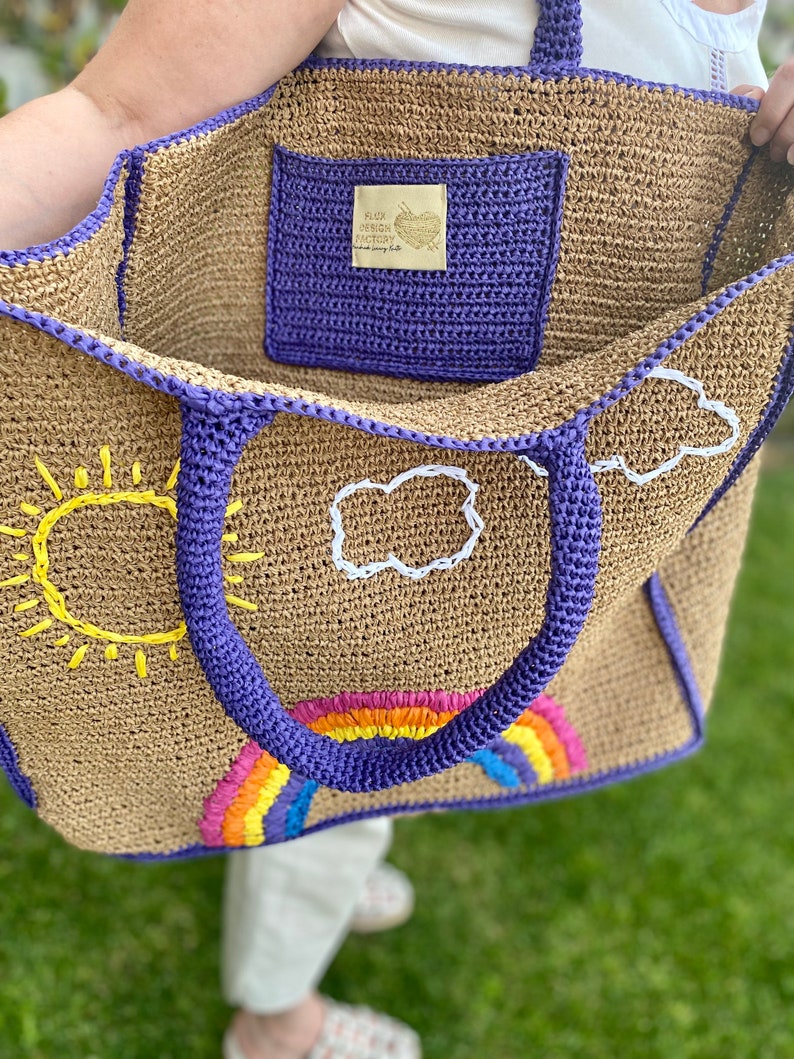 Handwoven Straw Beach Bag Rainbow Embroidery Raffia Bag Etsy