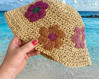 Handmade Raffia Crochet Bucket Hat: Summer Floral Boho Fedora