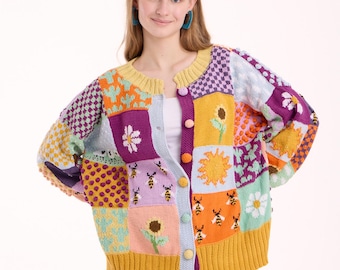 Cotton Handmade Crochet Granny Square Cardigan: Oversize Patchwork Sweater