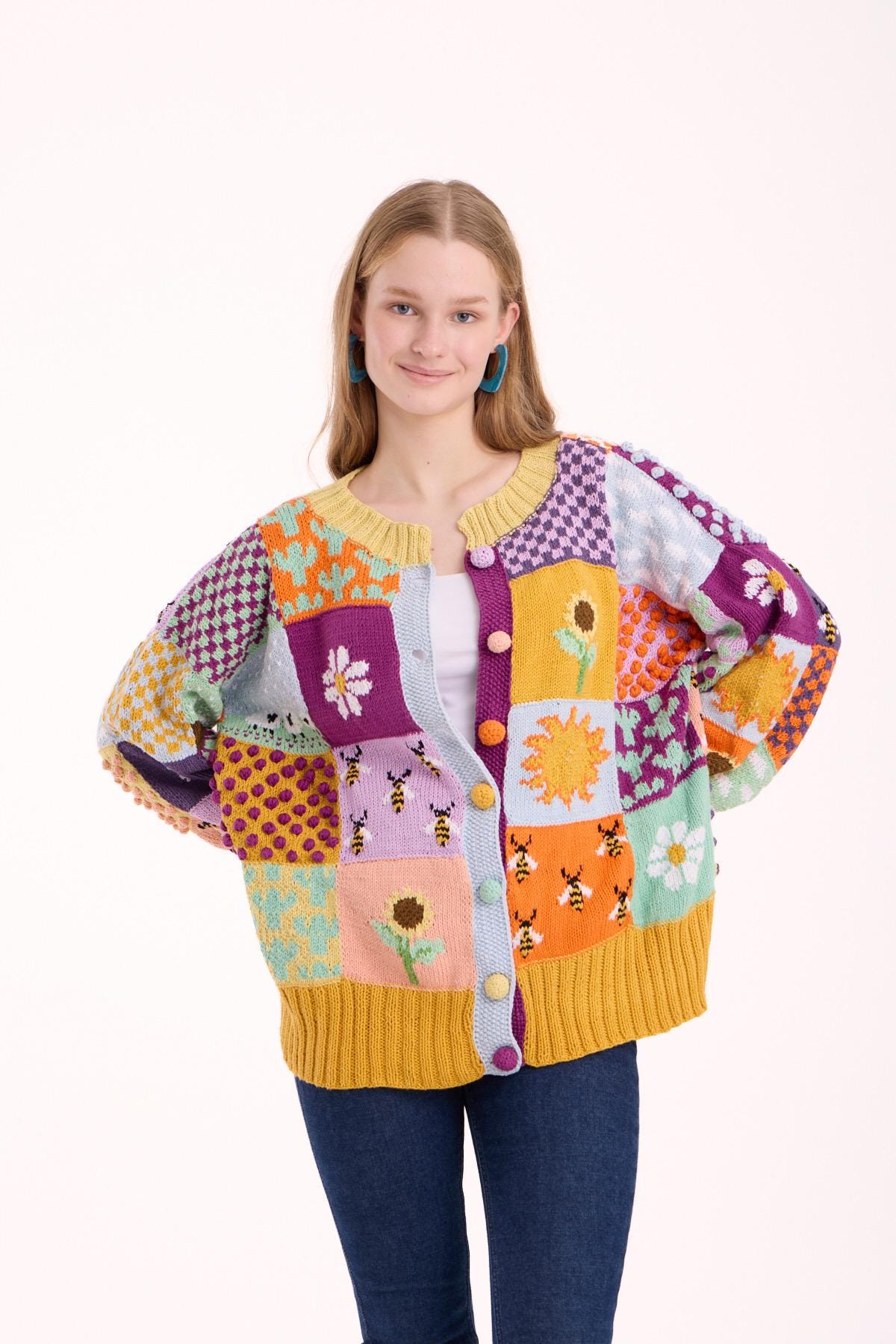 Cotton Handmade Crochet Granny Square Cardigan: Oversize Patchwork Sweater