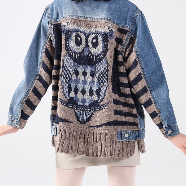 Knitted Jean Jacket with Owl, Personalized Custom Embroidered Denim Jacket, Owl Art, Patchwork Quilted Blue Denim Jacket, Christmas Gifts