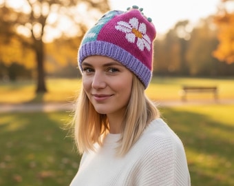 Handmade Patchwork Wool Hat – Colorful Knit Beanie for Winter