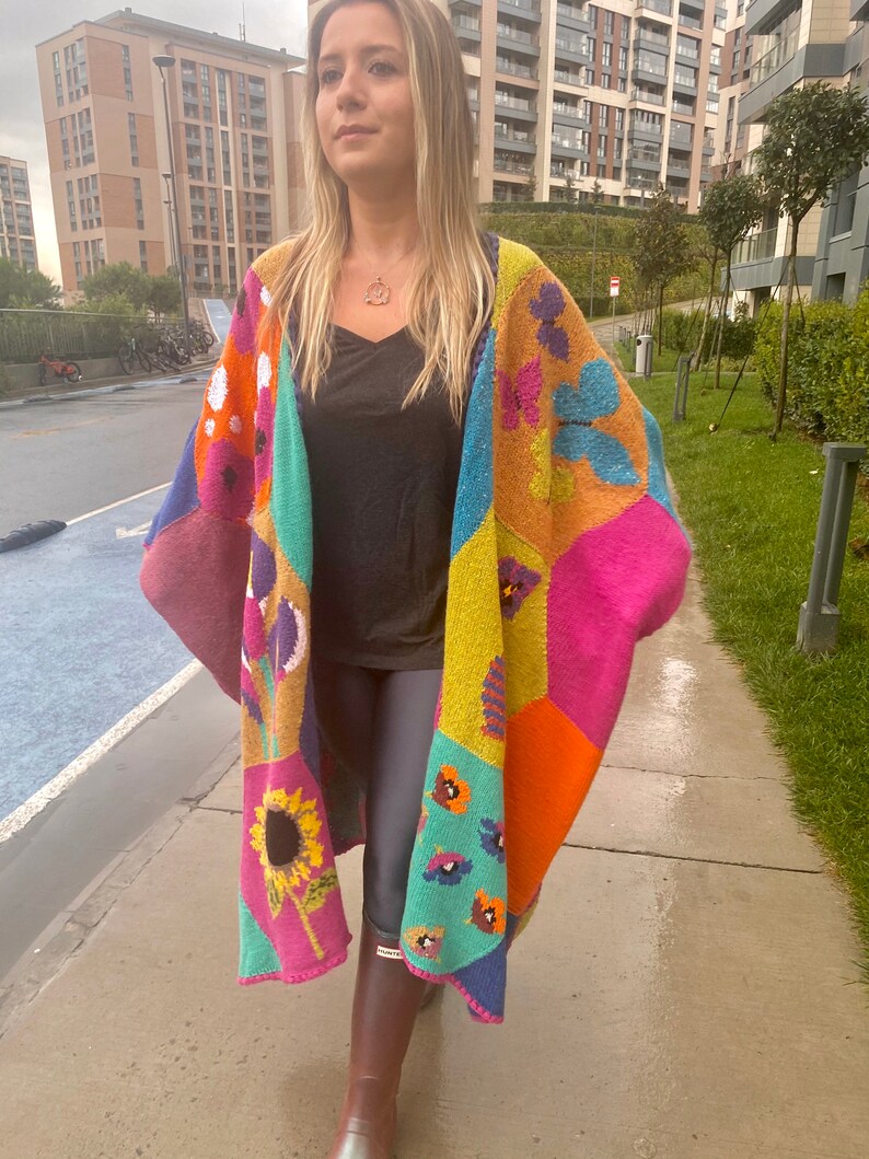 Patchwork Knit Women Poncho, Wool Winter Granny Square Poncho, Crochet Boho Colorful Poncho Shawl Wrap, Christmas Gift, Soft Poncho image 5