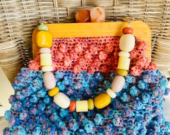 Crochet Silk Raffia Bubble Wood Top Handle Bag, Unique Handknit BON BON Bag with Multicolor Bead Handle, 3D Bubbles Tote with Bead Chain