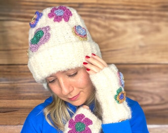 Knit Beanie Hat, Flower Crochet Hat, Alpaca Wool Hat, Cream Winter Beanie, Chunky Slouchy Hat, Winter Clothing, Warm Cozy Hat, Handmade Hat