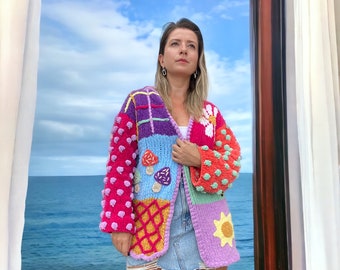 Handknit Patchwork Velvet Cardigan: Crochet Granny Square Jacket