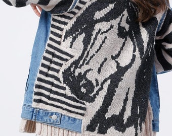 Handknit Horse Denim Jacket – Patchwork Jean, Custom Women’s Coat