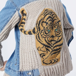 Knitted Tiger Denim Jacket, Patchwork Custom Personalized Wool Jacket, Embroidered Designer Jean Jacket, Plus Size Jacket, Christmas Gifts image 1