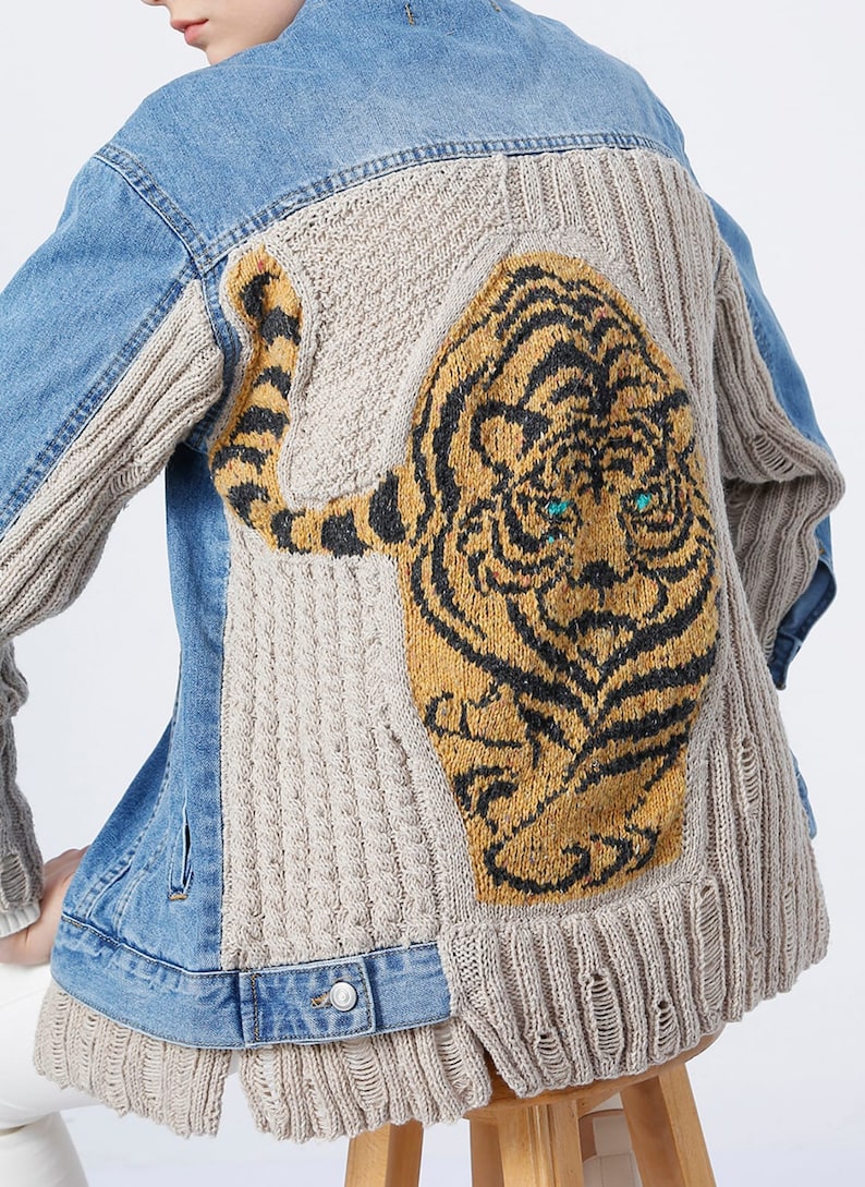 Knitted Tiger Denim Jacket, Patchwork Custom Personalized Wool Jacket, Embroidered Designer Jean Jacket, Plus Size Jacket, Christmas Gifts image 1