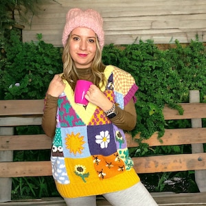 Chaleco de lana cuadrado de abuela hecho a mano: suéter colorido de patchwork de crochet