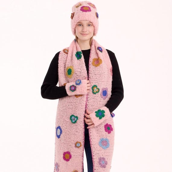 Pink Crochet Winter Set, Alpaca Scarf, Beanie and Fingerless Gloves
