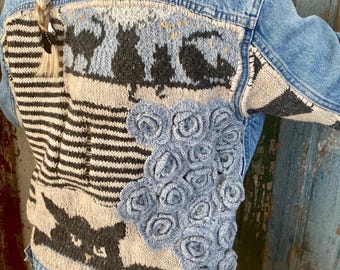Handmade Knit Denim Jacket with Cat Design