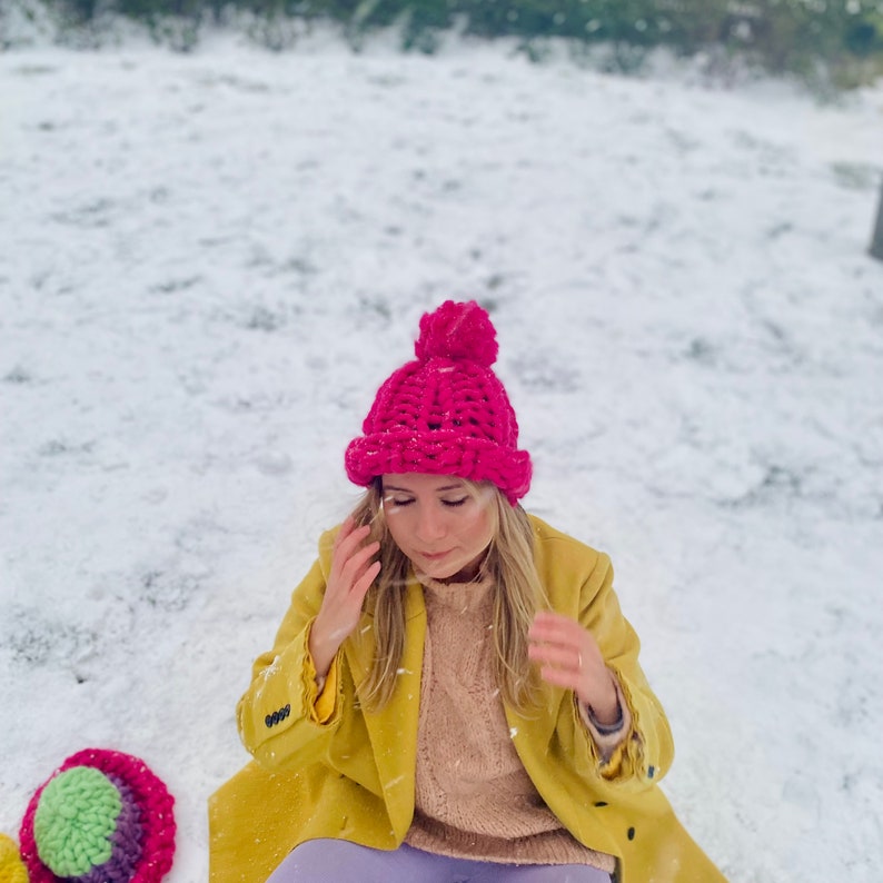 Women's wool knit hat, Super Chunky Pink Beanie, Knit Merino Beanie Pom Pom, Valentines Day Gift, Gift for Her, Gift for Wife image 10