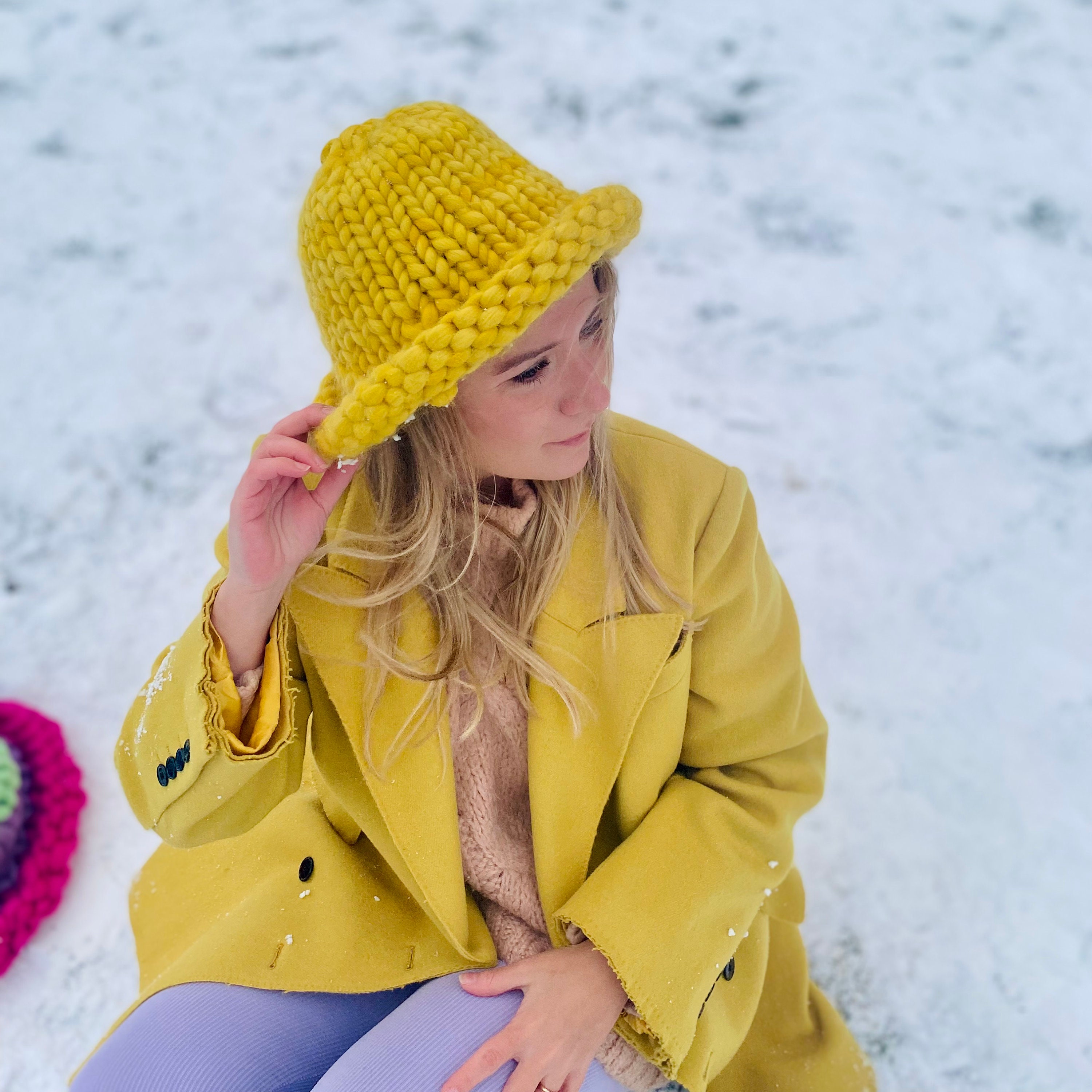 Super Chunky Knit Bucket Hat Oversized Yellow Winter Beanie Etsy