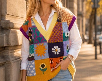 Chaleco de punto con retazos coloridos – Chaleco de lana hecho a mano con motivos florales