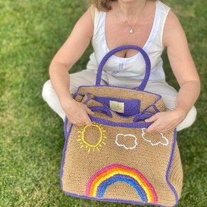 Handwoven Straw Beach Bag, Rainbow Embroidery Raffia Bag , Oversize Straw Summer Bag, Large Tote, Shopper Bag, Custommade Straw Hand Bag