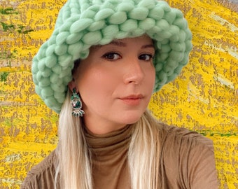 Super Chunky Green Bucket Hat, Womens Merino Wool Knit Beanie, Bulky Winter Cozy Helsinki Hat, Mothers Day Gift