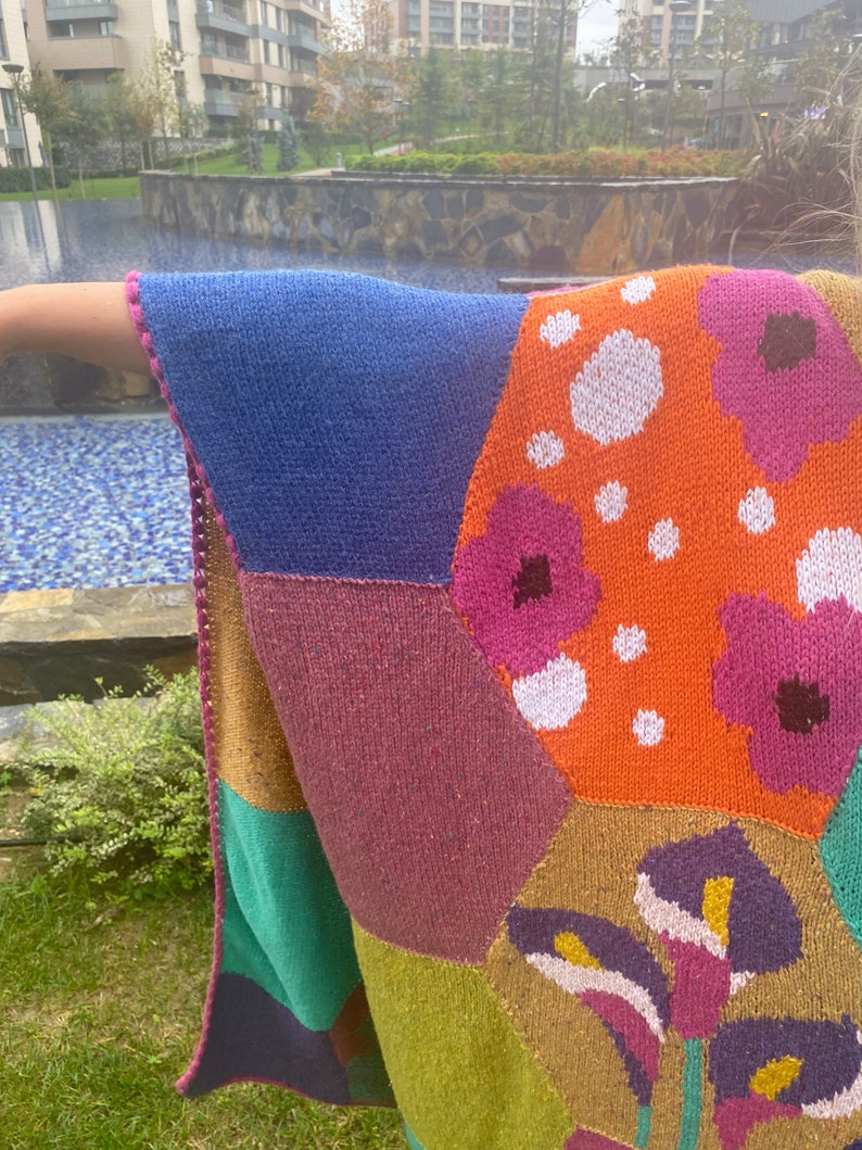 Patchwork Knit Women Poncho, Wool Winter Granny Square Poncho, Crochet Boho Colorful Poncho Shawl Wrap, Christmas Gift, Soft Poncho image 9