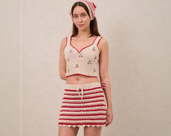 Crocheted Cherry Top and Striped Skirt Set, Organic Cotton Resort Wear