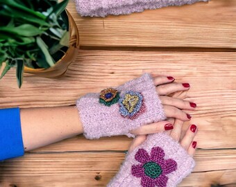 MITAINES EN LAINE D'ALPAGA, Mitaines à fleurs au crochet, Mitaines en tricot lilas, Mitaines pour femme, Mitaines douces, Accessoires d'hiver bohème