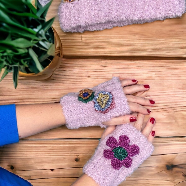 MITAINES EN LAINE D'ALPAGA, Mitaines à fleurs au crochet, Mitaines en tricot lilas, Mitaines pour femme, Mitaines douces, Accessoires d'hiver bohème