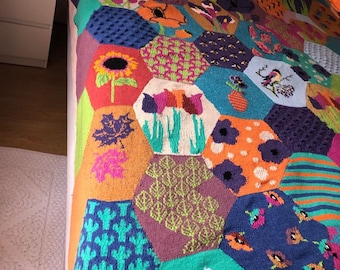 Knit Patchwork Merino Wool King Bedspread: Floral Granny Square Blanket