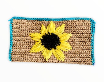 Sac en paille au crochet tricoté main avec broderie tournesol, pochette été/soirée en raphia, sac de plage en paille au design unique, sac à main fait main