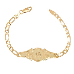 Pulseira banhada a ouro e prata esterlina com corte de diamante e 15 medalhas, presente de quinceanera com flores