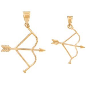 May include: A gold bow and arrow pendant charm. The bow is made of a twisted rope design and the arrow has a pointed tip.