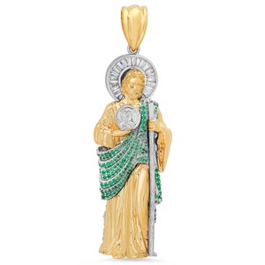 14k Two-tone Gold San Judas Pendant Green CZ