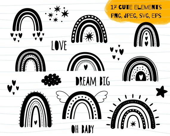 Rainbow Clipart Boho Rainbow Svg Clipart In Black Color Cute Etsy